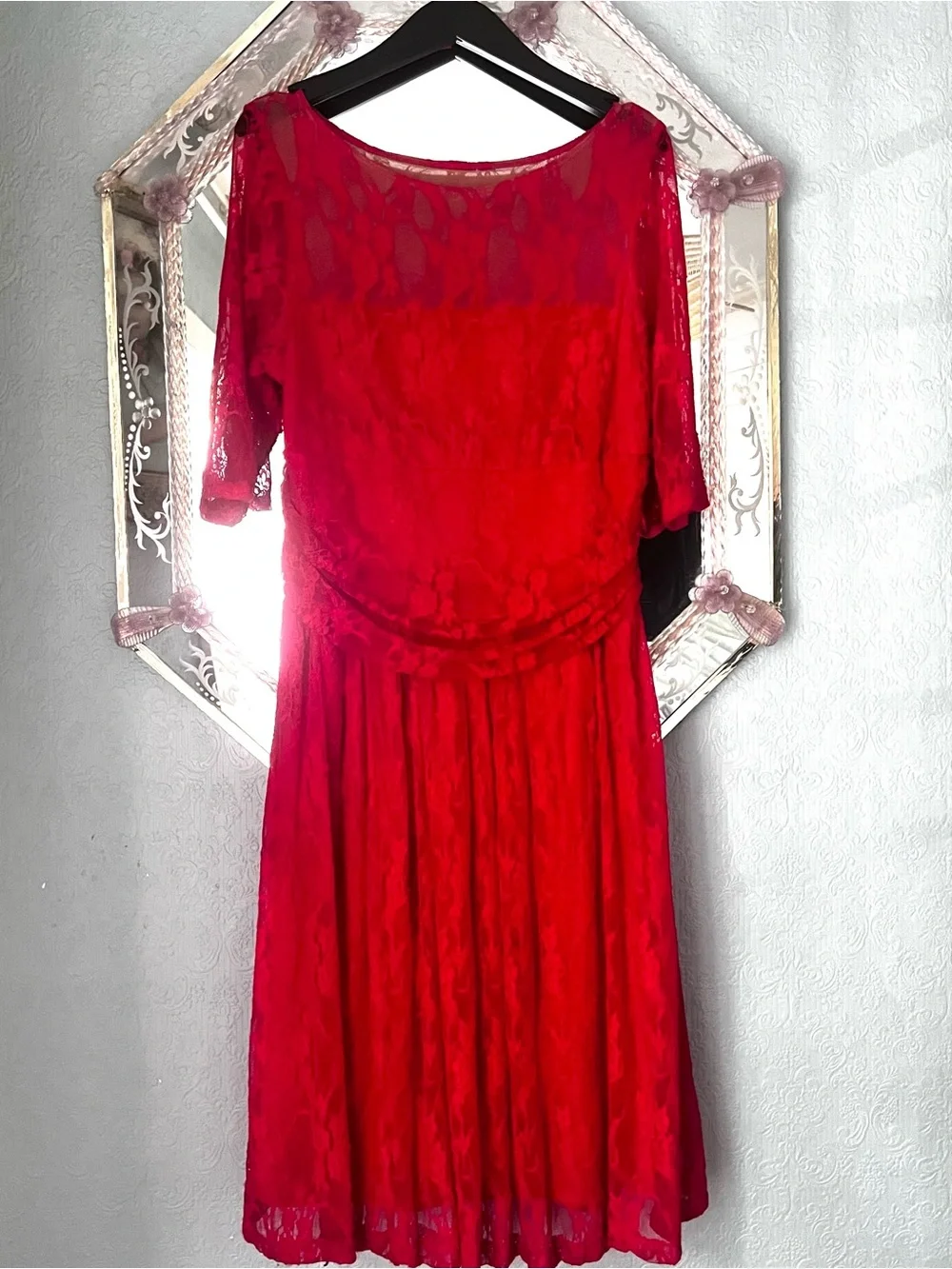 Kiyonna Vibrant Red Lace Midi Dress with Pleated Skirt. be the Lady in Red ♥️
